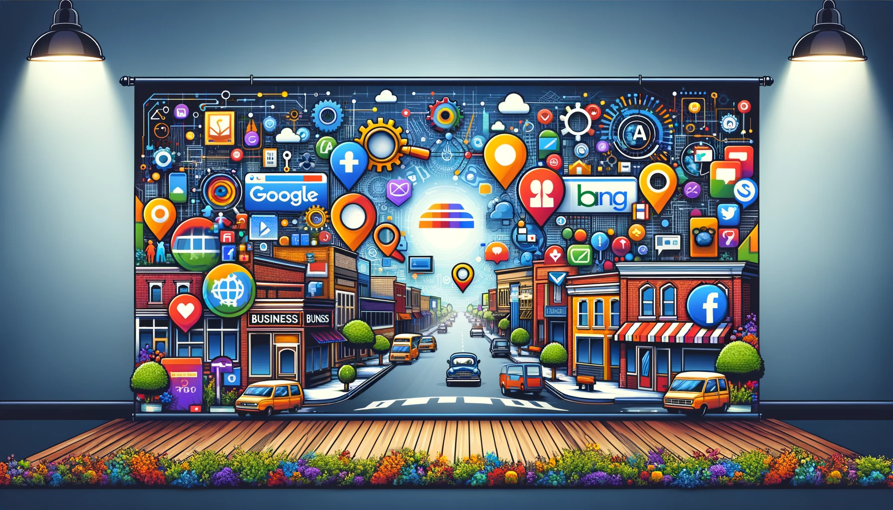 A wide banner featuring a collage of digital symbols representing local business listings on platforms like Google, Bing, and Yahoo, intertwined with social media icons for Facebook, Instagram, and LinkedIn. The background showcases elements of a local community, including a small town skyline and a community bulletin board, symbolizing the blend of digital and local community engagement for business visibility.