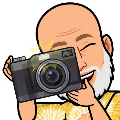Illustrated Bitmoji of a smiling man with a beard, holding a camera and winking, dressed in a yellow patterned shirt.