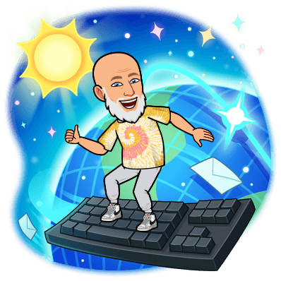 Bitmoji of Dave Martin surfing on a keyboard against a background of a digital world with email icons, a sun, and stars.