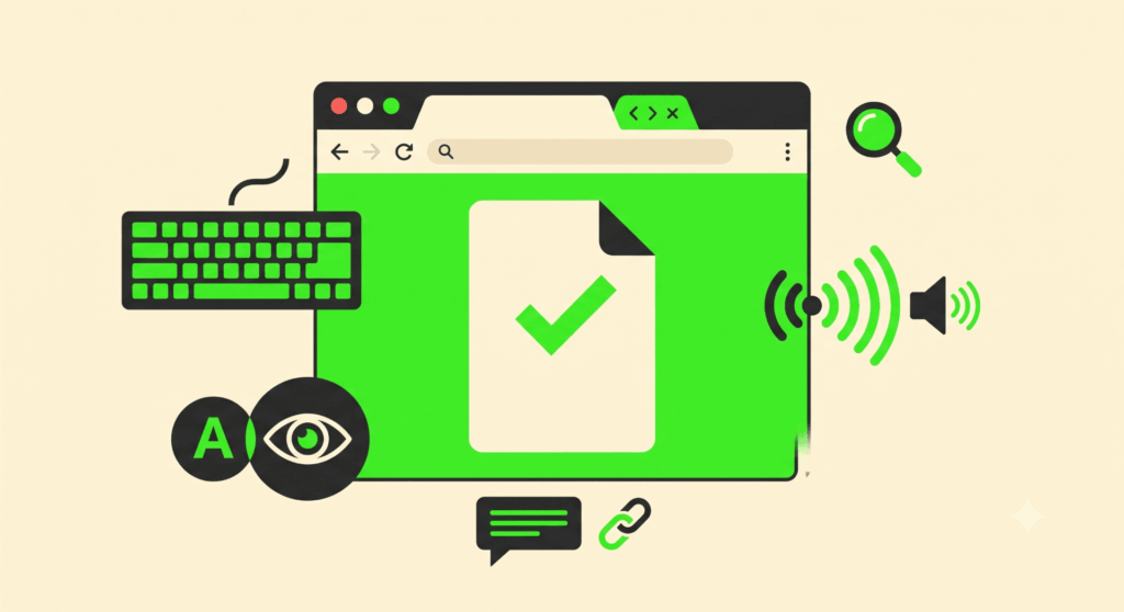 Web browser displaying a checked document surrounded by icons for keyboard navigation, audio, contrast, and links.