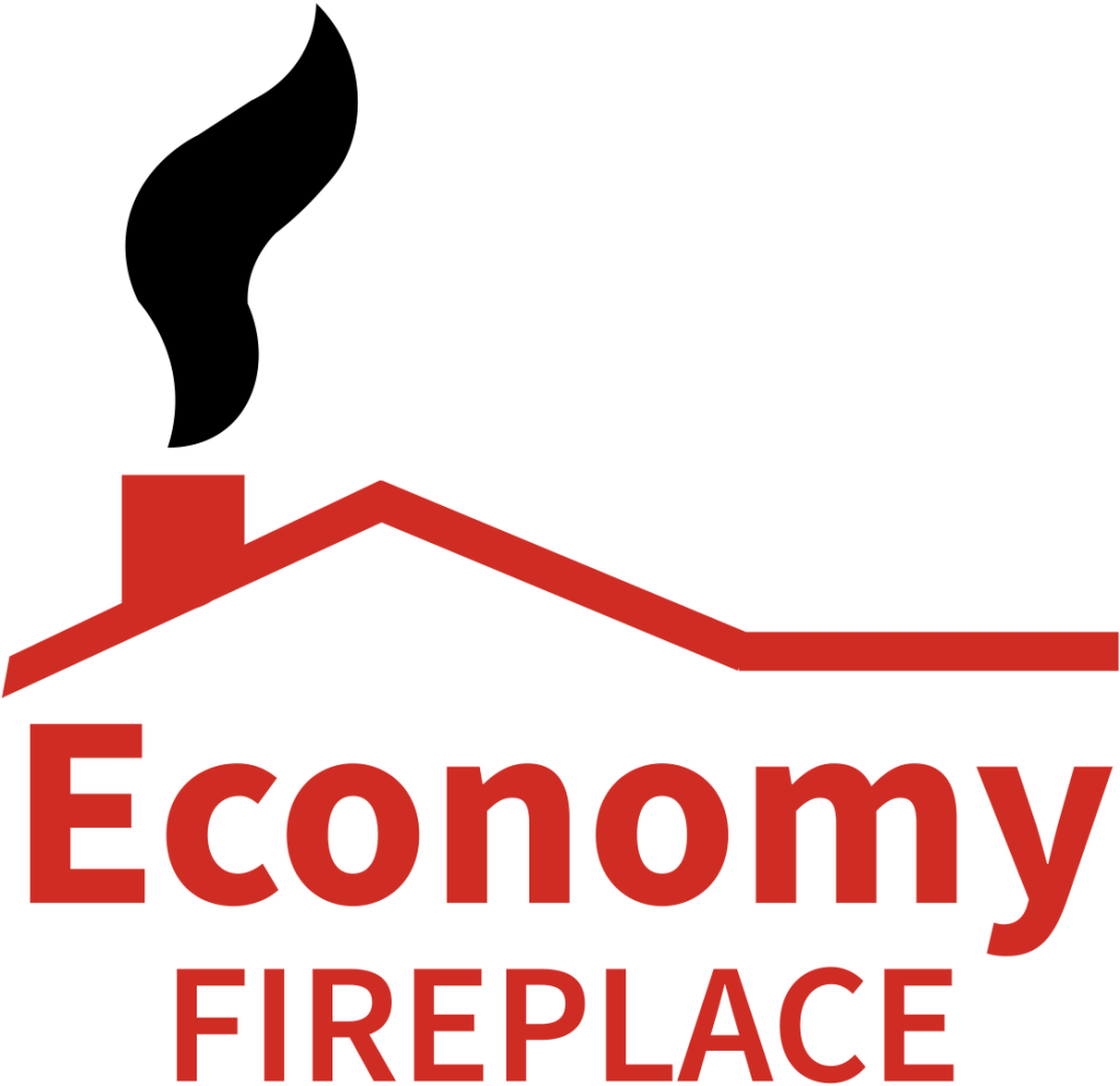 Refreshed Economy Fireplace logo—red roofline mark with chimney icon on white