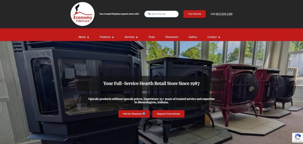 Economy Fireplace homepage with hero image of wood stoves and a Request a Quote button, designed by David Martin Design