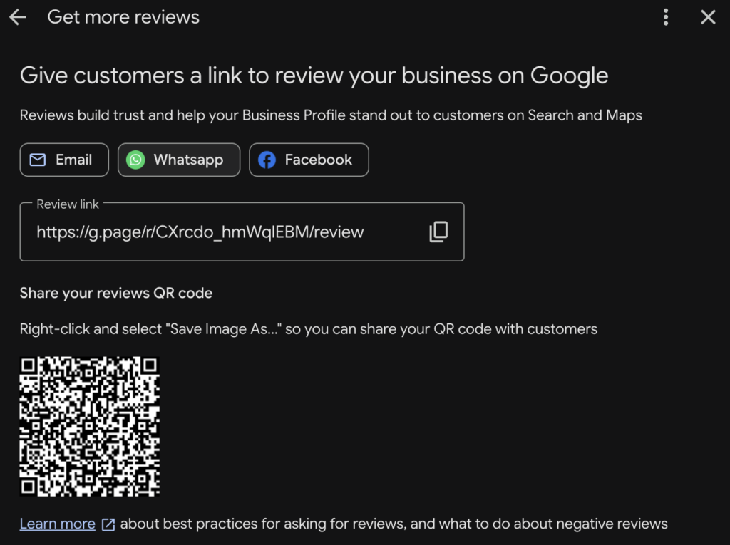 The Google Business Profile "Get more reviews" panel, with share buttons for email, WhatsApp and Facebook, a short review link with a copy button, and a review QR code.