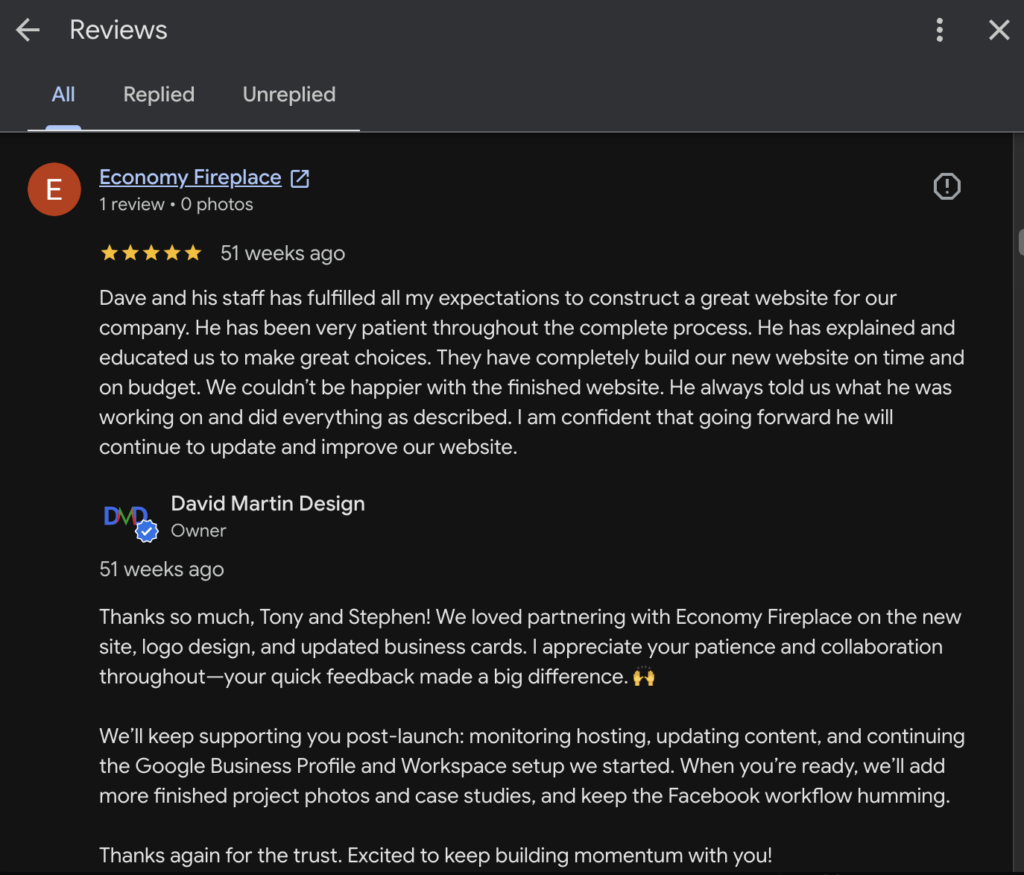 A five-star Google review from Economy Fireplace praising their new website, followed by a reply from David Martin Design that thanks Tony and Stephen by name and mentions the new site, logo and business cards.