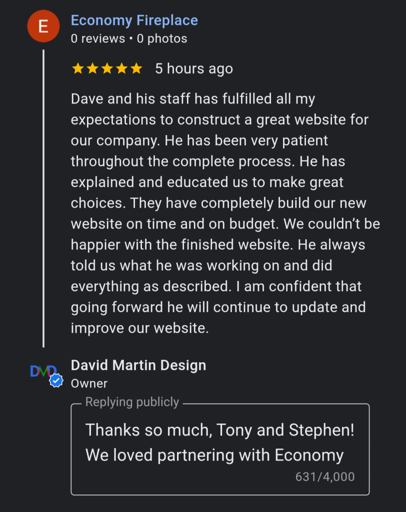 Five-star Google review from Economy Fireplace praising David Martin Design's website build, with a public reply from David Martin Design