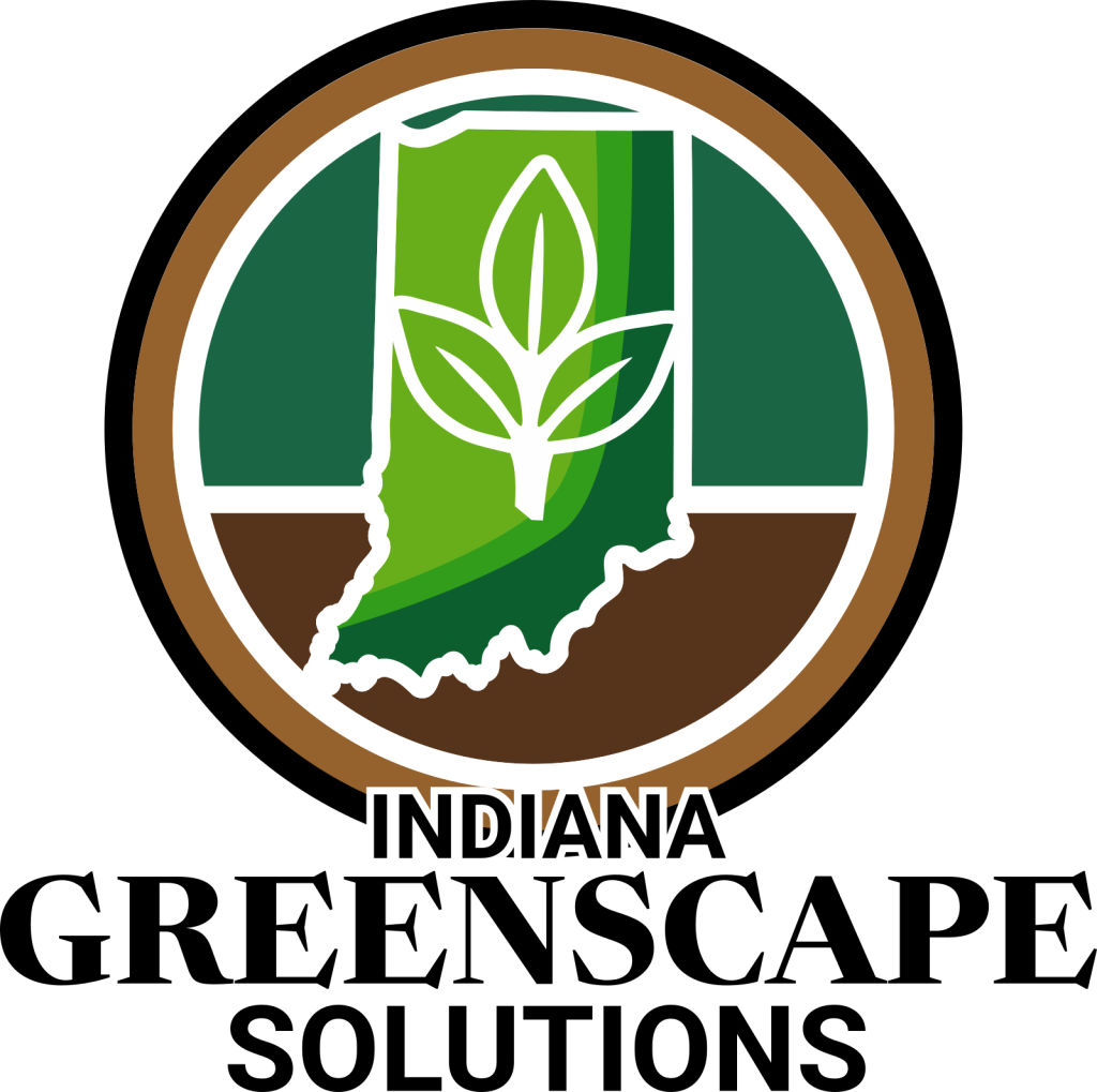 Logo of Indiana Greenscape Solutions featuring a stylized green leaf inside the shape of Indiana, set within a circular badge with earthy green and brown tones.