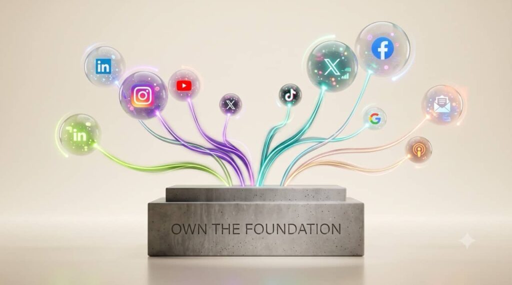 A heavy concrete block representing an owned business foundation, tethered to floating translucent spheres representing rented social media channels.