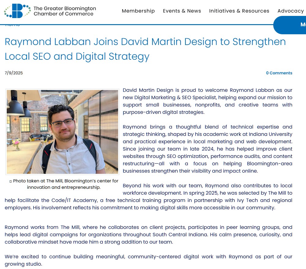 Greater Bloomington Chamber of Commerce article announcing Raymond Labban joining David Martin Design, with his photo