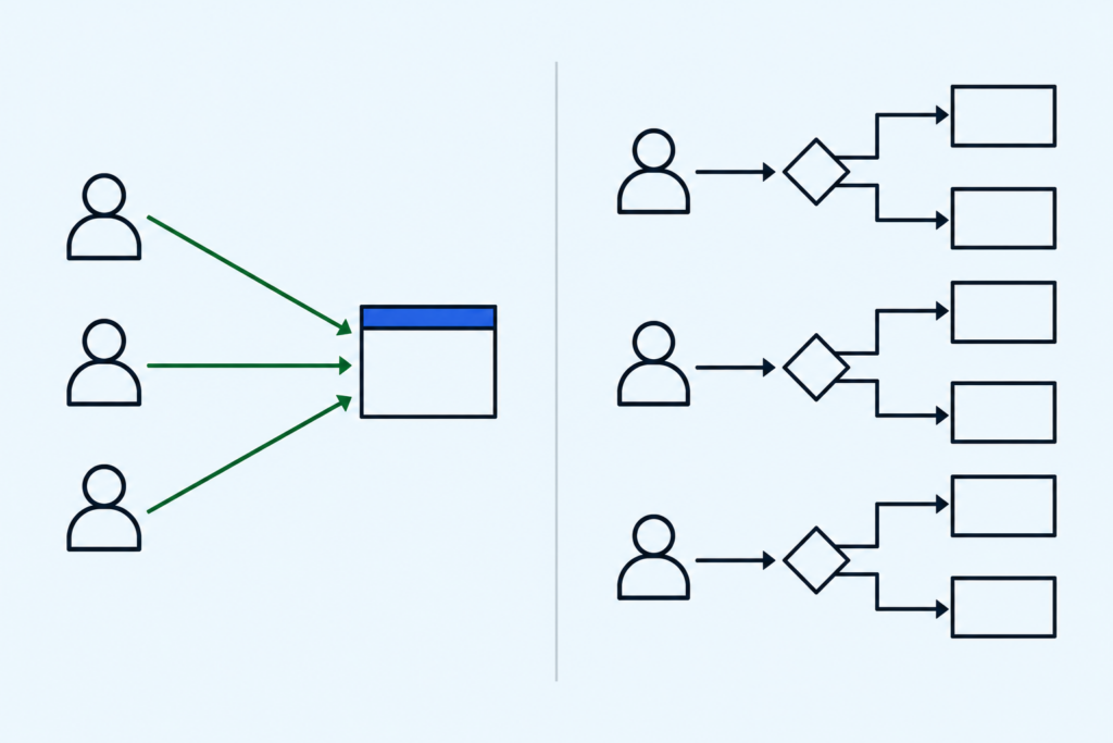 A diagram in two halves. On the left, three customers each follow an arrow straight to the same review page. On the right, each customer first reaches a decision point that splits them onto two separate paths.