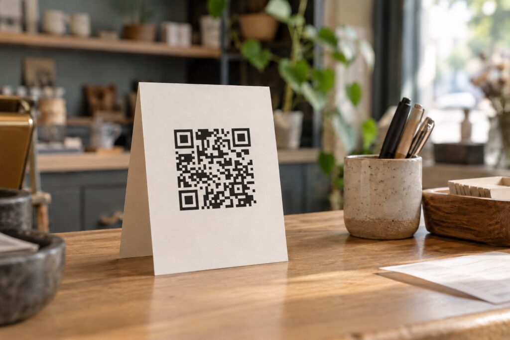 A folded white card printed with a QR code stands on a wooden shop counter next to a speckled cup of pens.