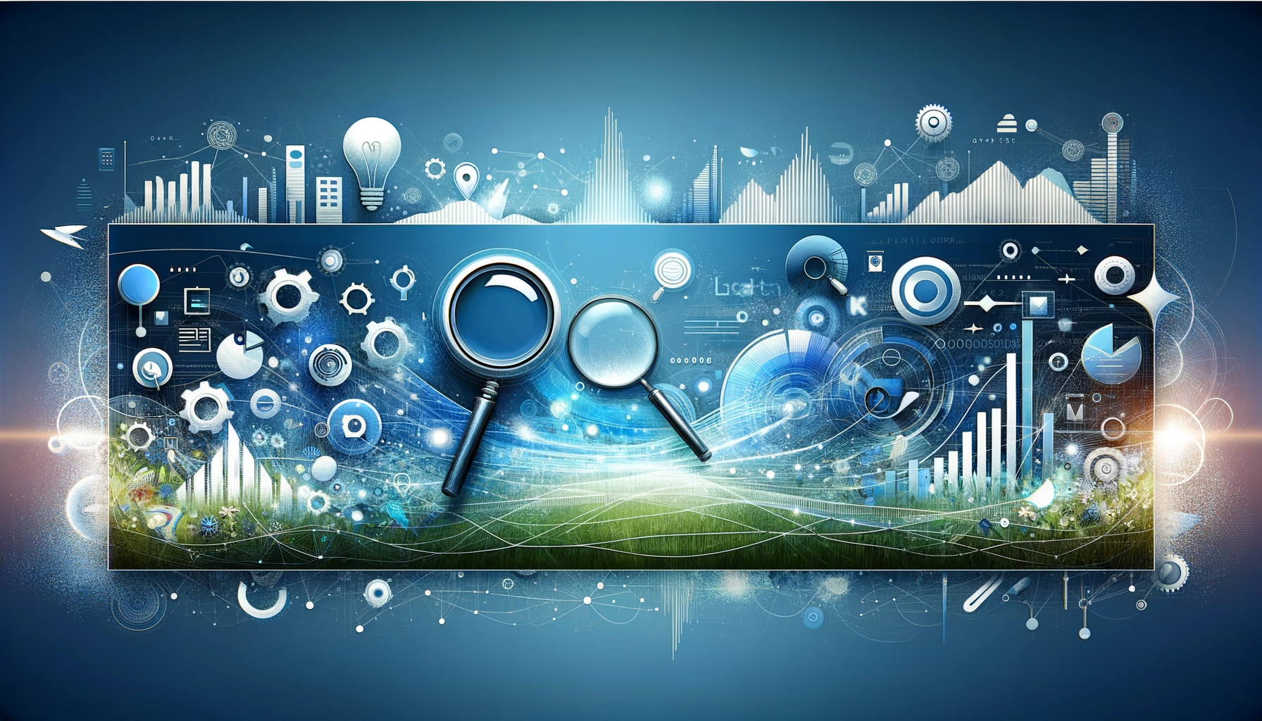 Abstract digital landscape representing SEO services with icons like magnifying glasses, charts, and graphs in blues and greens, symbolizing data analysis and internet connectivity.
