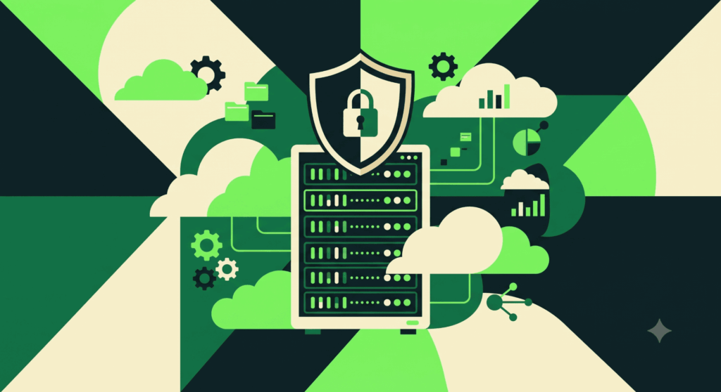 Illustration of a server rack behind a shield and padlock, surrounded by cloud and backup icons.