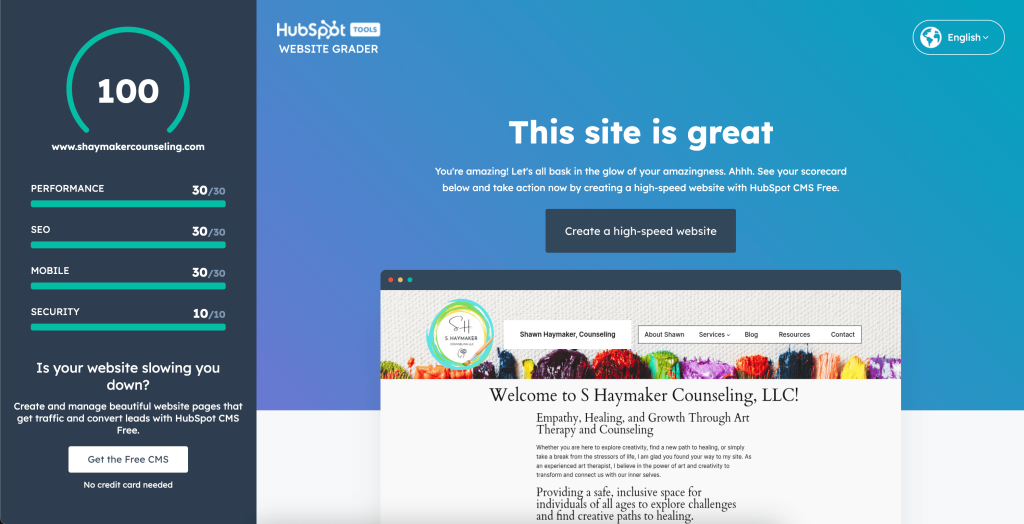 Screenshot of HubSpot Website Grader showing www.shaymakercounseling.com with a perfect score of 100, including full marks in performance, SEO, mobile, and security