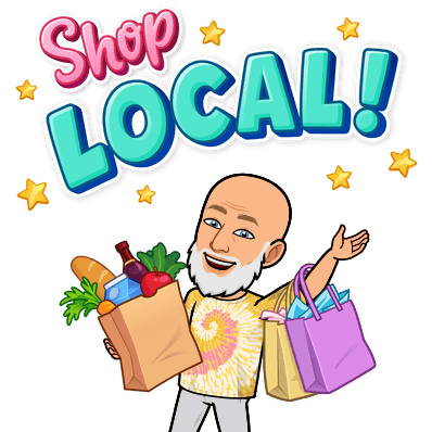 A cheerful cartoon-style character with a bald head and white beard holding grocery bags and smiling under colorful "Shop Local!" text with stars.