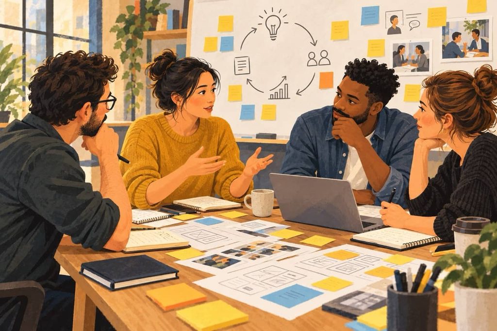 Small team discussing business assumptions around a table with prototype sketches, notes, and a testing cycle on a whiteboard.
