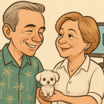 Cartoon illustration of an elderly couple smiling while holding a small white dog, standing in front of a Dell computer with a Windows logo on the screen