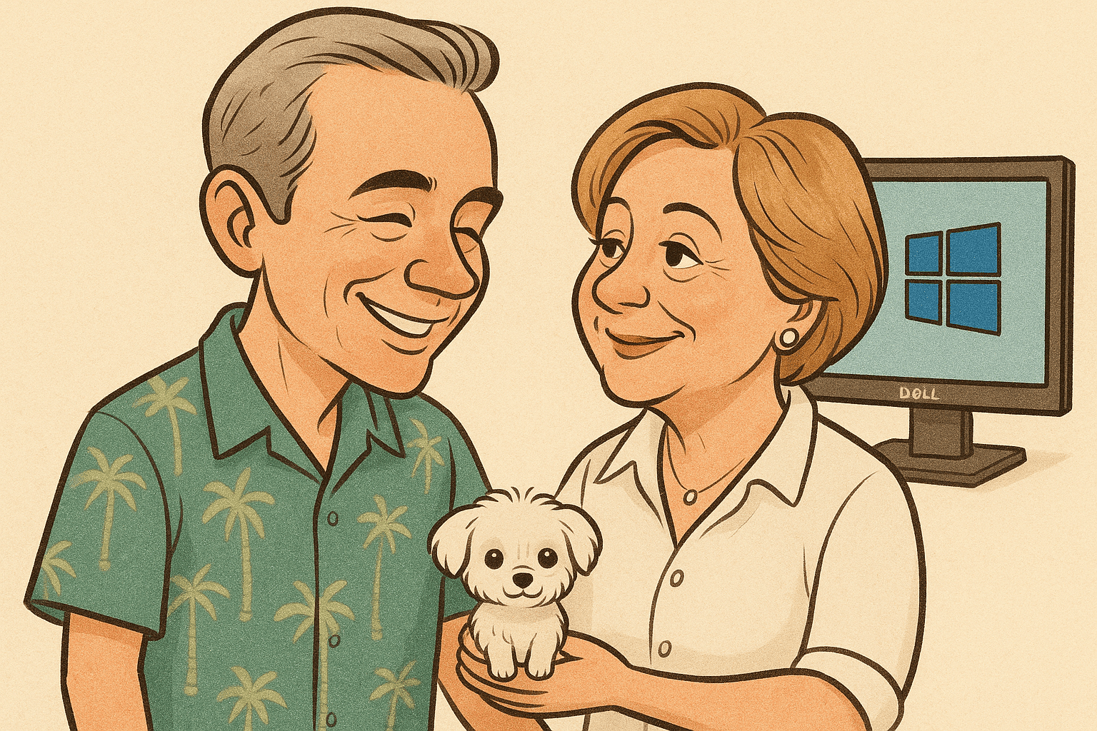 Cartoon illustration of an elderly couple smiling while holding a small white dog, standing in front of a Dell computer with a Windows logo on the screen