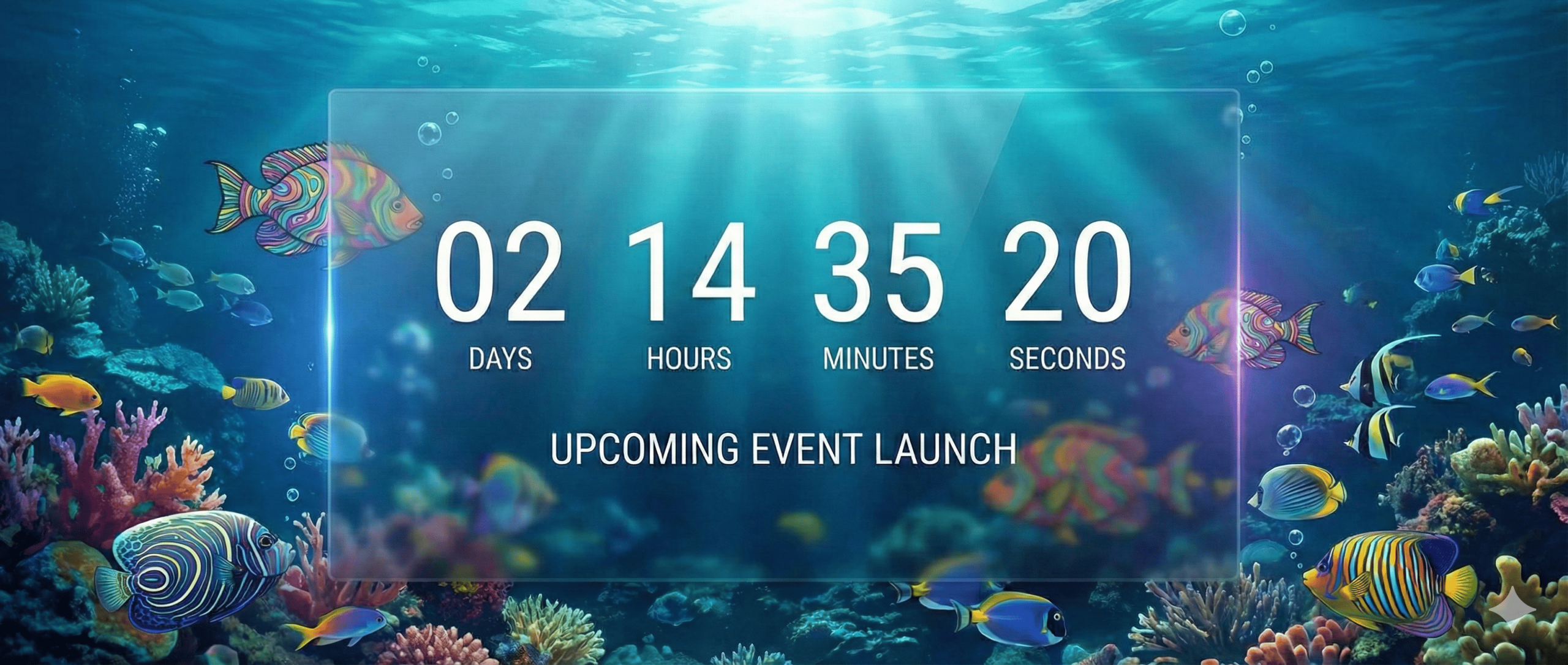 Countdown clock for an upcoming event launch displayed underwater, surrounded by colorful tropical fish and coral reefs
