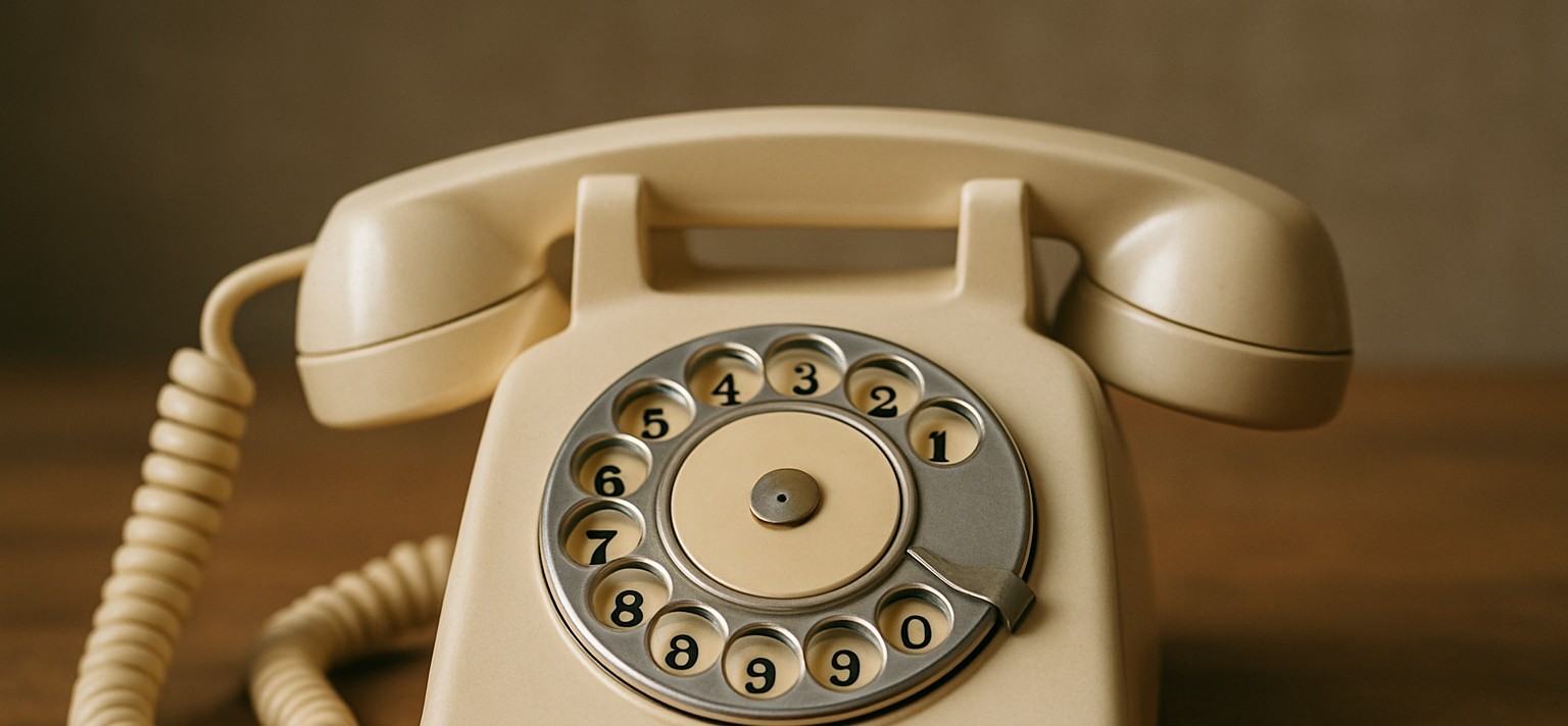Vintage beige rotary dial telephone with coiled cord resting on a wooden surface.