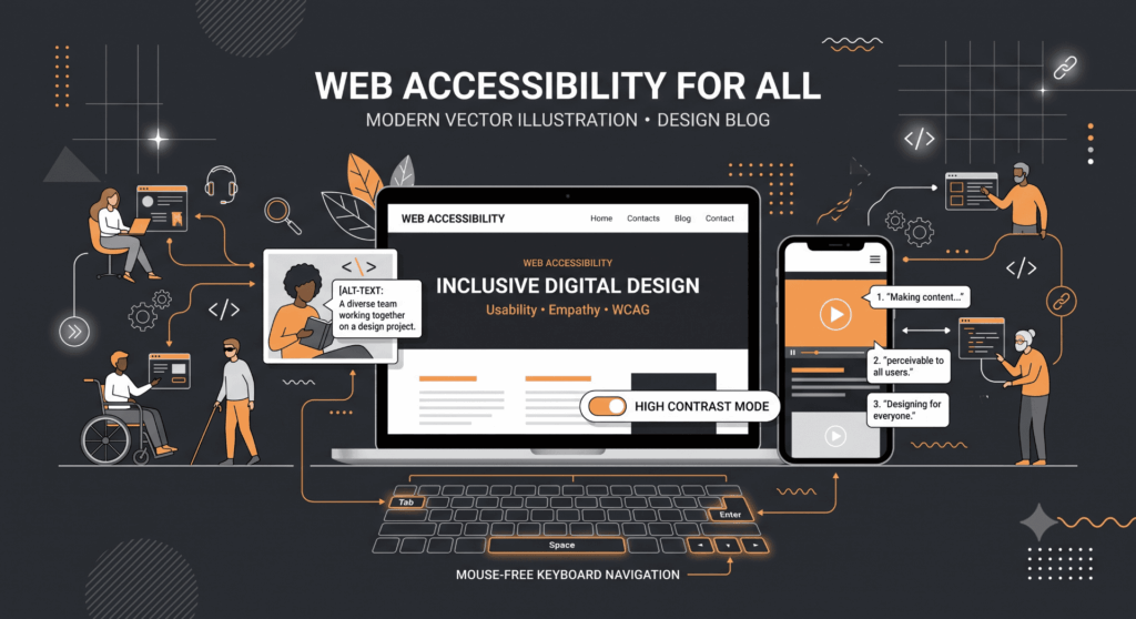 Flat vector illustration on a dark charcoal background showcasing key web accessibility features. A central laptop and smartphone display an inclusive website layout, surrounded by UI elements: a glowing keyboard for mouse-free navigation, an alt-text popup tag, a high-contrast mode toggle, and video caption bubbles.